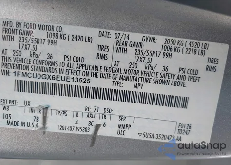 2014 Ford Escape Se from USA, damaged, VIN 1FMCU0GX6EUE13525